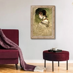 «Portrait of a Woman 2» в интерьере гостиной в бордовых тонах