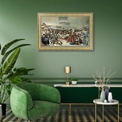 «Марфа Посадница. Уничтожение новгородского веча. 1889» в интерьере гостиной в зеленых тонах