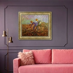«Два землекопа» в интерьере гостиной с розовым диваном