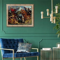 «Охота на тигров и львов» в интерьере в классическом стиле с зеленой стеной