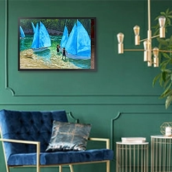 «Blue sails,Looe, 2018,» в интерьере в классическом стиле с зеленой стеной
