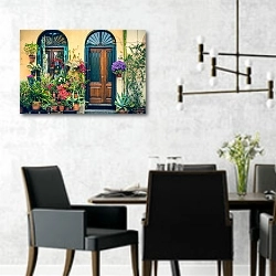 «Италия, Тоскана. Дверь, окно, цветы» в интерьере современной столовой с черными креслами