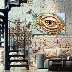 «Глаз дракона» в интерьере двухярусной гостиной в стиле лофт с кирпичной стеной