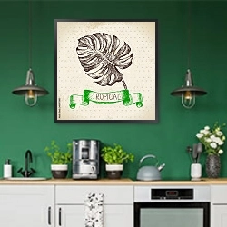 «Иллюстрация с листом монстеры» в интерьере кухни с зелеными стенами