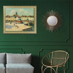 «Dieppe, Le Quai De Carenage» в интерьере классической гостиной с зеленой стеной над диваном
