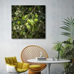 «Оливковые деревья. Греция» в интерьере современной гостиной с желтым креслом