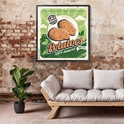 «Картофель, ретро плакат» в интерьере гостиной в стиле лофт над диваном