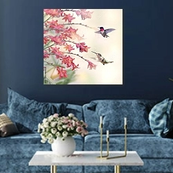 «Две колибри у красных цветов» в интерьере современной гостиной в синем цвете