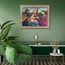 «Дева Мария и младенец со святыми» в интерьере гостиной в зеленых тонах