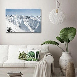 «Белые склоны» в интерьере светлой гостиной в скандинавском стиле над диваном