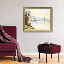 «Boats on the Seine; Bateaux sur la Seine,» в интерьере гостиной в бордовых тонах