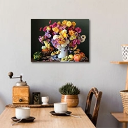 «Натюрморт с букетом хризантем, яблоками и тыквой» в интерьере кухни над обеденным столом с кофемолкой