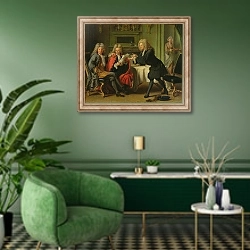 «Bodin, the King's Doctor, in the Company of Dufresny and Crebillon at the House in Auteuil» в интерьере гостиной в зеленых тонах