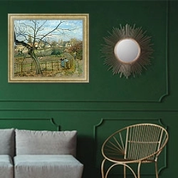«The Fence, 1872» в интерьере классической гостиной с зеленой стеной над диваном
