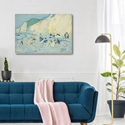 «Berneval, France» в интерьере современной гостиной над синим диваном