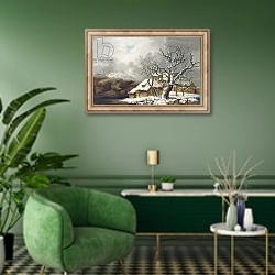 «A Winter Landscape, 1752» в интерьере гостиной в зеленых тонах