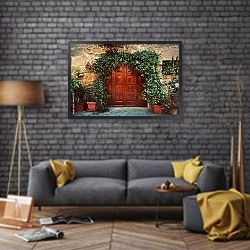 «Старая деревянная дверь, Италия» в интерьере в стиле лофт с желтым креслом