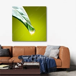«Капля росы на кончике зеленого листа» в интерьере современной гостиной над диваном