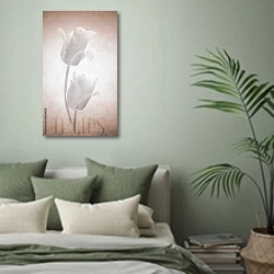 «Пара белых тюльпанов на ретро-фоне» в интерьере современной спальни в зеленых тонах