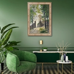 «Выход позади деревьев» в интерьере гостиной в зеленых тонах