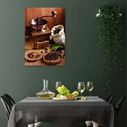 «Деревянная кофемолка с кофейными зёрнами» в интерьере столовой в зеленых тонах