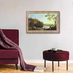 «Classical Landscape: View on the Arno» в интерьере гостиной в бордовых тонах