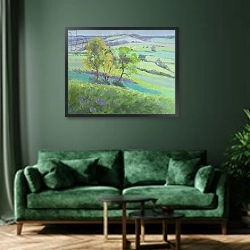 «Towards Winchelsea, Sussex, with Bluebells in Spring» в интерьере зеленой гостиной над диваном