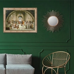 «School of Athens, from the Stanza della Segnatura, 1510-11» в интерьере классической гостиной с зеленой стеной над диваном