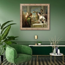 «The Sense of Taste, c.1744-47» в интерьере гостиной в зеленых тонах