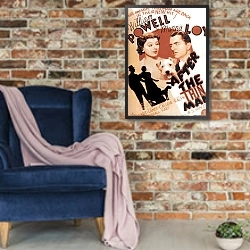 «Poster - After The Thin Man» в интерьере в стиле лофт с кирпичной стеной и синим креслом