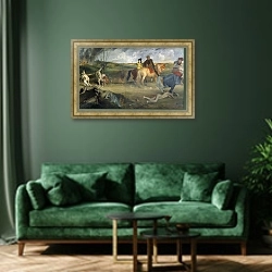 «Scene of War in the Middle Ages, c.1865» в интерьере зеленой гостиной над диваном
