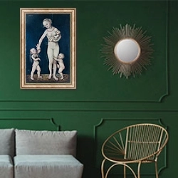 «милосердие 1» в интерьере классической гостиной с зеленой стеной над диваном