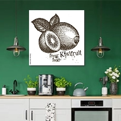 «Иллюстрация с киви 1» в интерьере кухни с зелеными стенами
