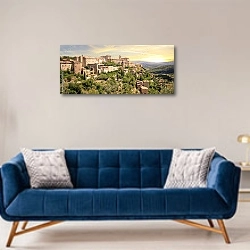 «Франция, Прованс. Панорама с деревней Горд» в интерьере современной гостиной с синим диваном