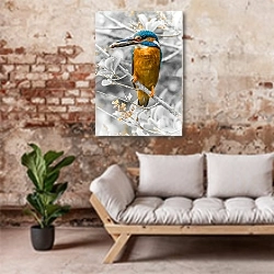 «Пестрая птица с добычей на ветке» в интерьере гостиной в стиле лофт над диваном