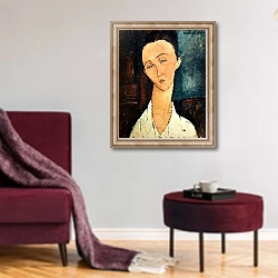 «Portrait of Lunia Czechowska, 1918» в интерьере гостиной в бордовых тонах