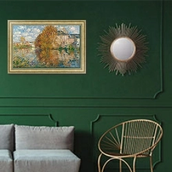 «La Maison Cauchois, Bords De L’eure, Automne» в интерьере классической гостиной с зеленой стеной над диваном