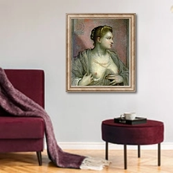 «Portrait of a Woman Revealing her Breasts, c.1570» в интерьере гостиной в бордовых тонах