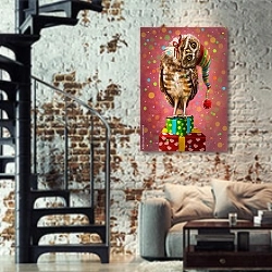«Открытка с совёнком к празднику » в интерьере двухярусной гостиной в стиле лофт с кирпичной стеной