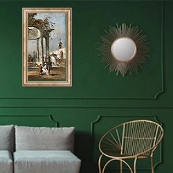 «Каприччо с руинами» в интерьере классической гостиной с зеленой стеной над диваном