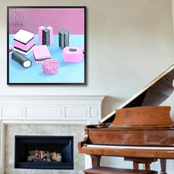 «Pink Allsorts, 2003» в интерьере зеленой гостиной над диваном