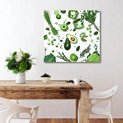 «Свежие зеленые овощи и фрукты на белом фоне» в интерьере кухни с деревянным столом
