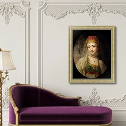 «Портрет торжковской крестьянки Христиньи» в интерьере в классическом стиле над банкеткой