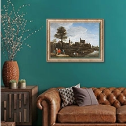 «Вид на местечко рядом с Антверпеном» в интерьере гостиной с зеленой стеной над диваном