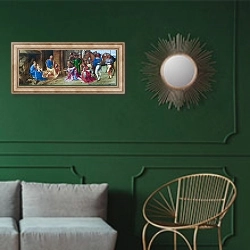 «Поклонение королей 7» в интерьере классической гостиной с зеленой стеной над диваном