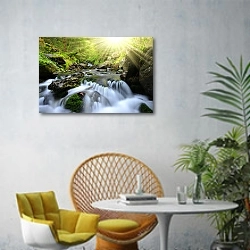 «Чехия. Водопад в парке Шумава №2» в интерьере современной гостиной с желтым креслом