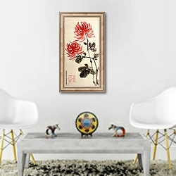 «Две красные хризантемы» в интерьере гостиной в этническом стиле над столом