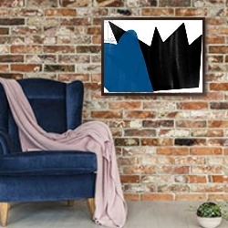 «nature crowns,2017,» в интерьере в стиле лофт с кирпичной стеной и синим креслом