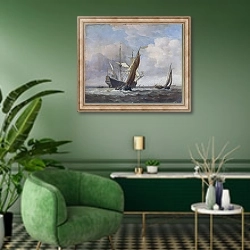 «Две малых лодки и голландский военный корабль в бриз» в интерьере гостиной в зеленых тонах