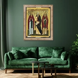 «St. John Climacus St. John of Damascus and St. Arsenius, Novgorod School» в интерьере зеленой гостиной над диваном